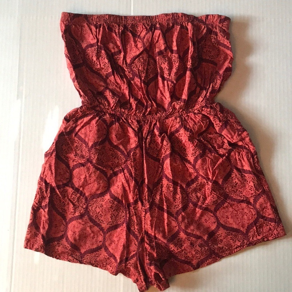 Forever 21 Romper Sz M Strapless Festival Boho Orange Red